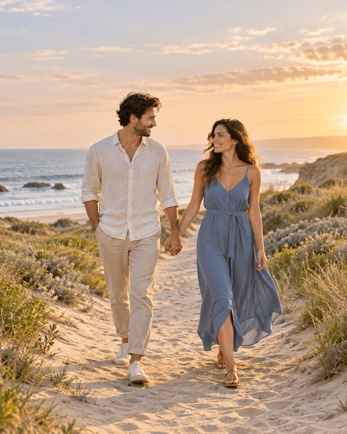 AI-generated two fictional adults walking along a sandy coastal path, soft late-day light, cream shirt and muted blue dress, portrait crop.