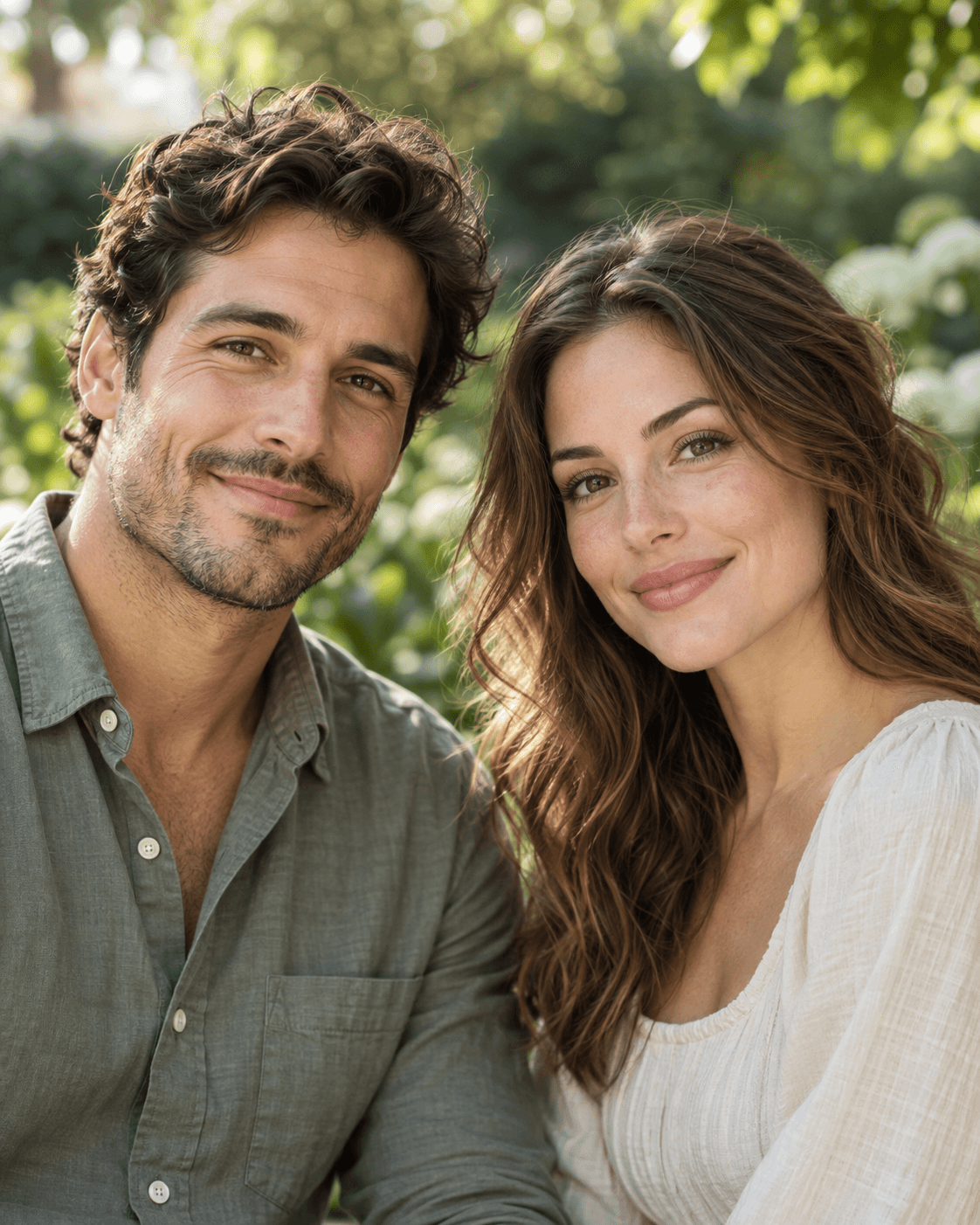 AI-generated close portrait of two fictional adults with leafy garden bokeh, muted sage and ivory clothing, natural space between faces.