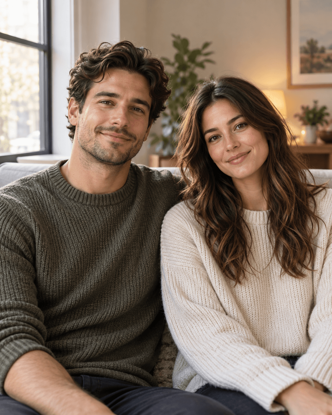 AI-generated two fictional adults sitting on a simple sofa near a window, casual knitwear, warmly neutral fictional apartment, waist-up composition.