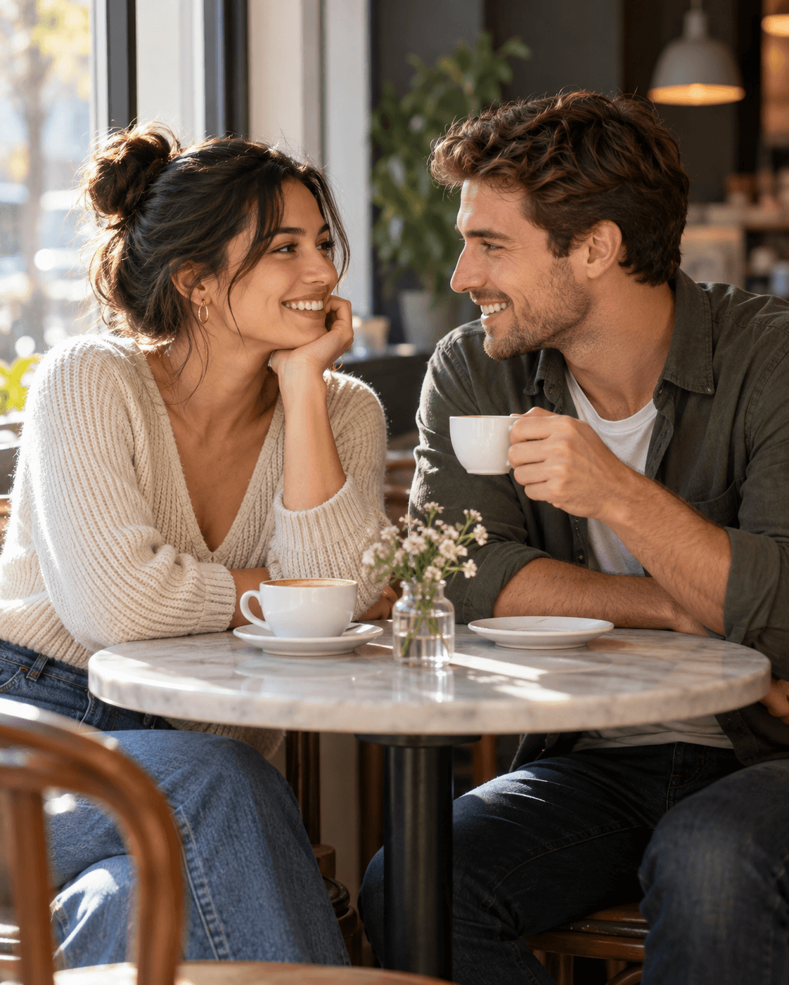 AI-generated portrait of two fictional adults smiling across a small café table, soft window light, seated framing.