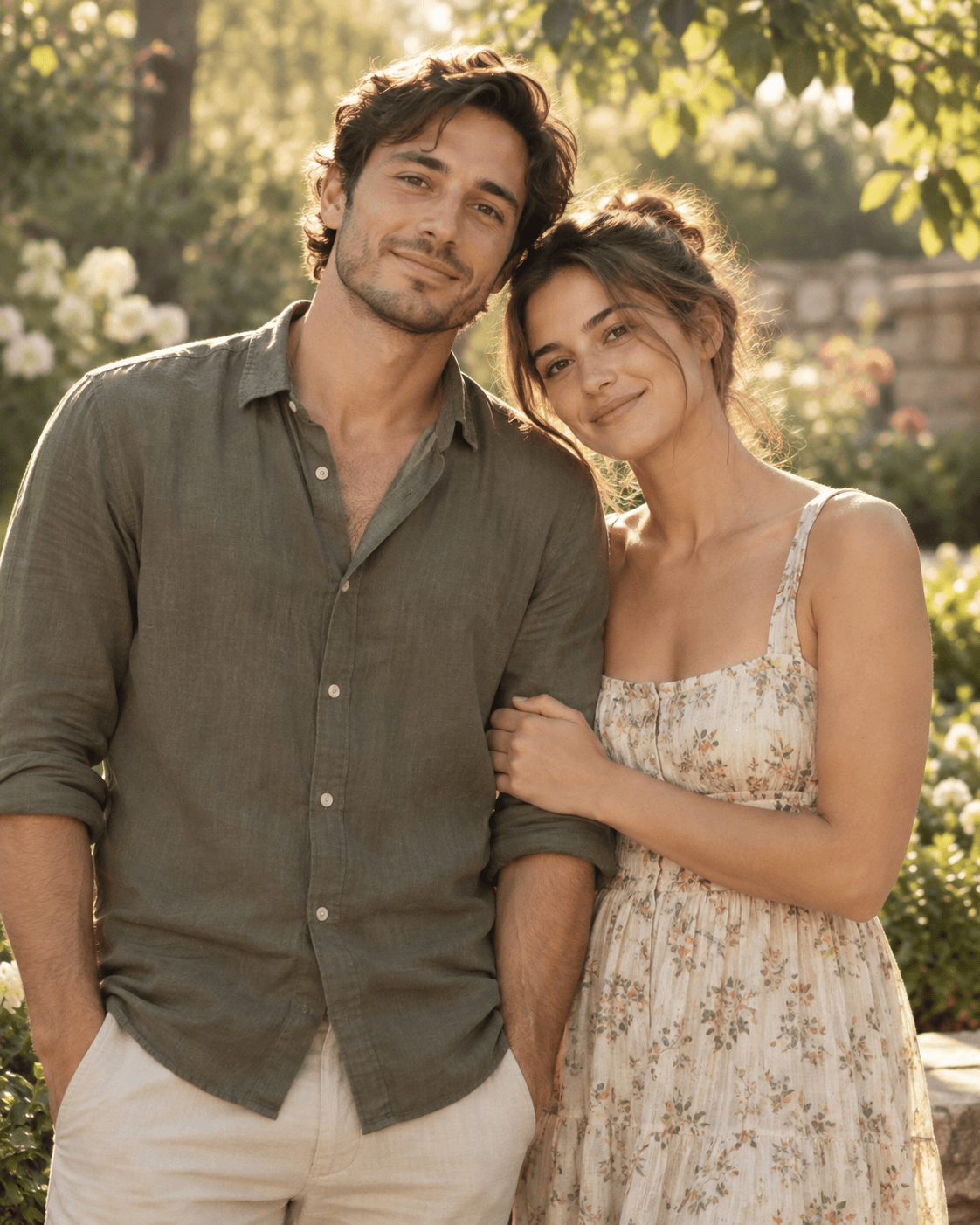 AI-generated two fictional adults in a sunlit generic garden, muted warm film-inspired color, light grain, medium portrait, no faux date stamp.