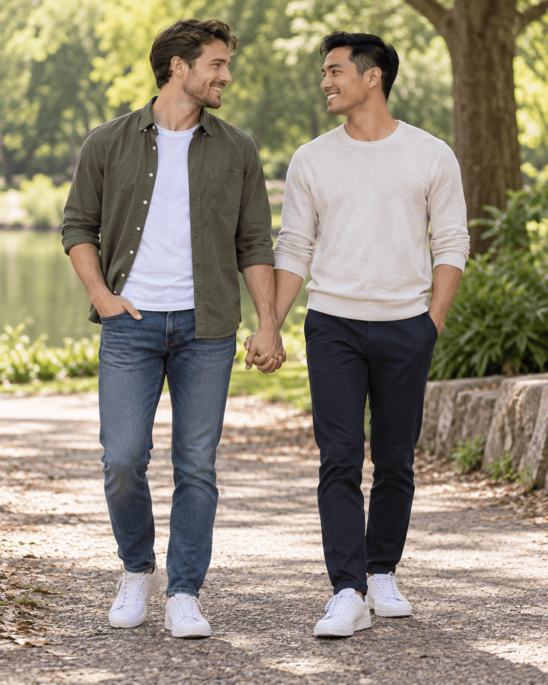 AI-generated two fictional adults standing side by side with a loose handhold, hands clearly visible, simple park backdrop, full-length crop.