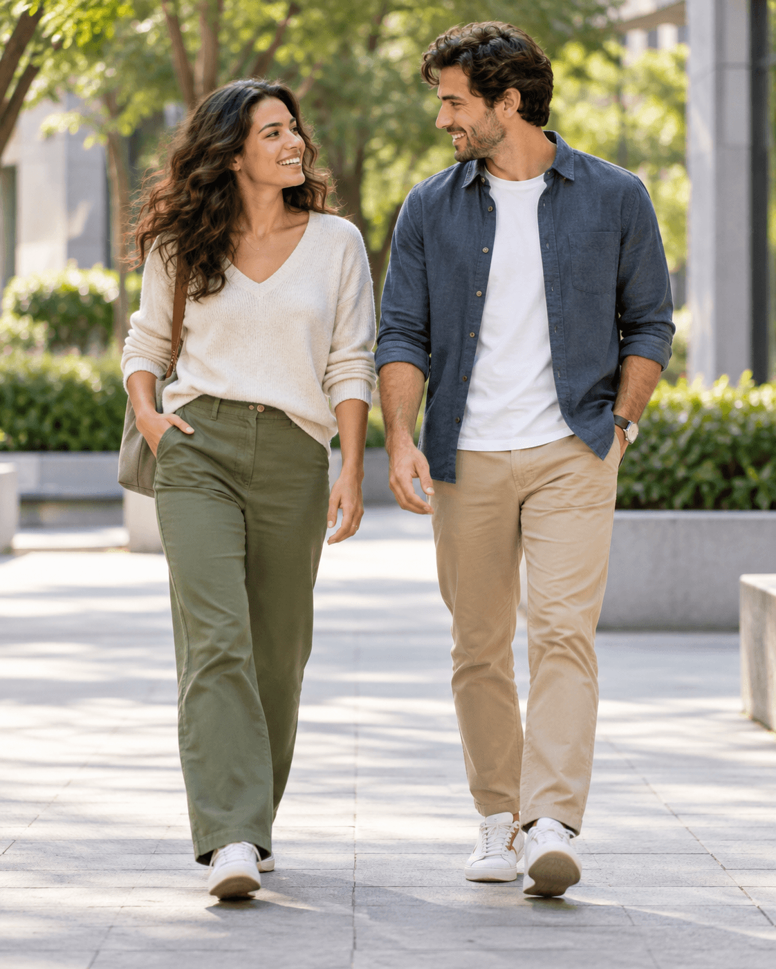 AI-generated two fictional adults walking along a broad level path, turning toward one another, casual coordinated clothing, full-length framing.