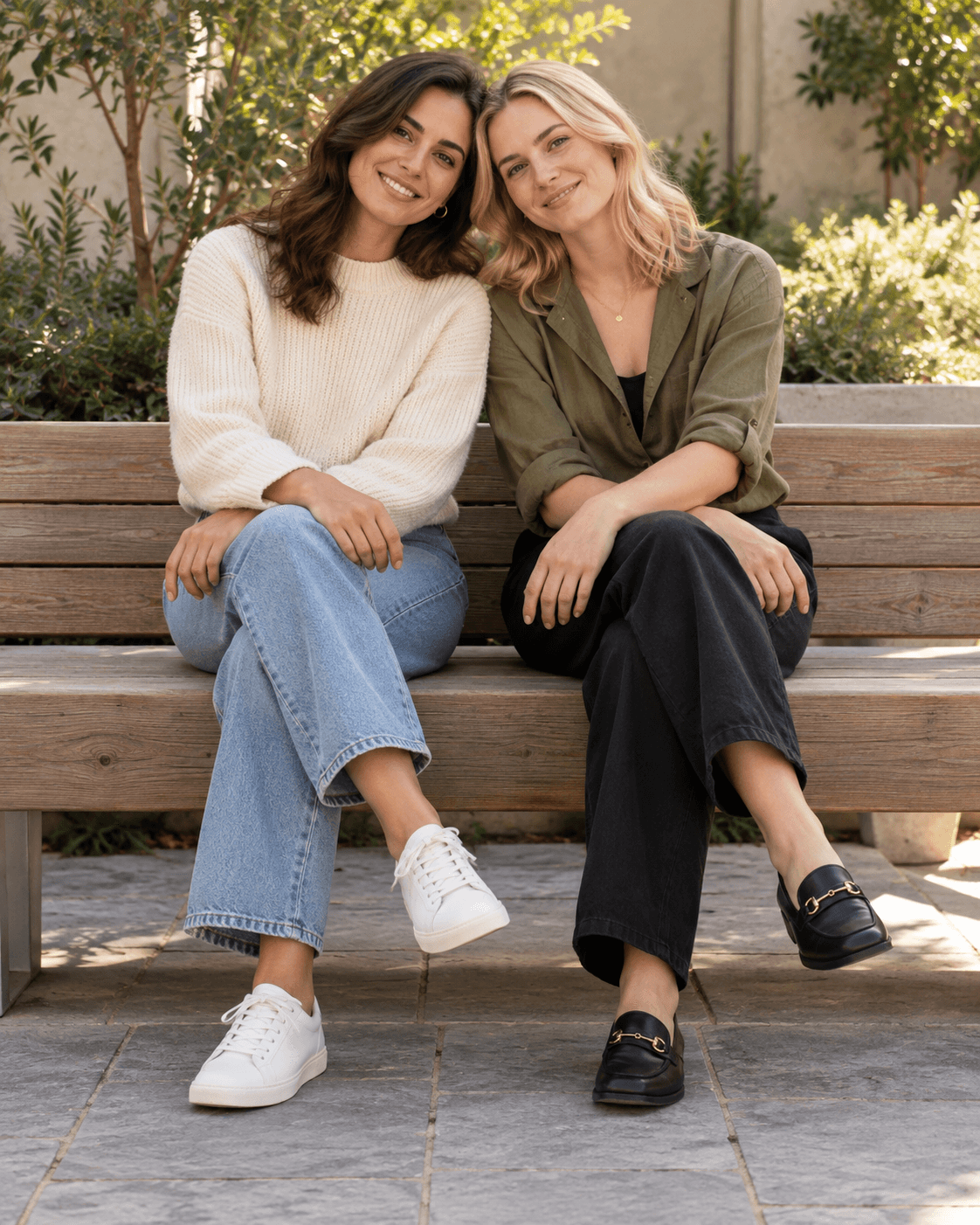AI-generated two fictional adults sitting side by side on a broad bench, slight inward lean, crossed legs and both pairs of shoes visible above level ground.