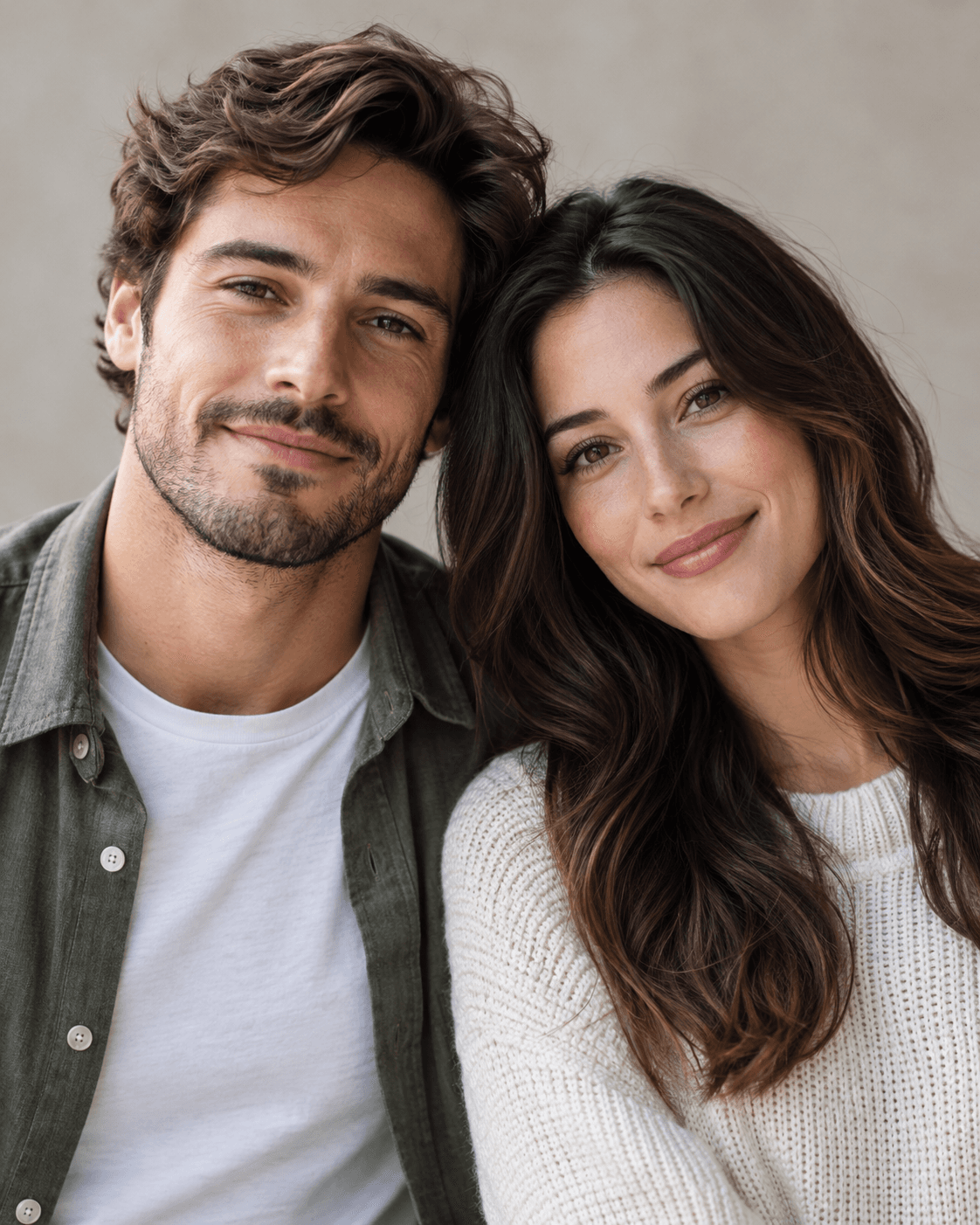 AI-generated close portrait of two fictional adults shoulder to shoulder, both faces fully visible, quiet neutral background, no obstructing hands.