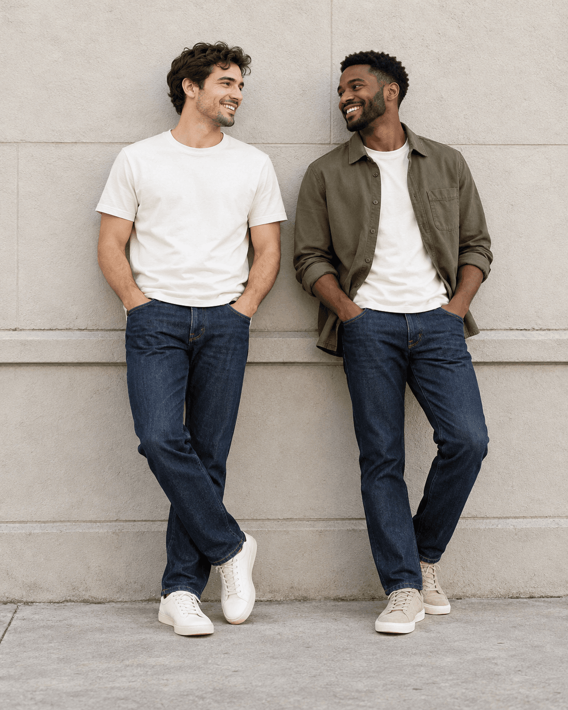 AI-generated two fictional adults in dark denim, plain off-white tops and one olive overshirt, simple urban wall, full-length.
