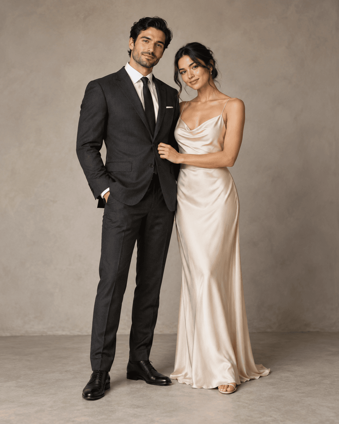 AI-generated two fictional adults in charcoal suiting and a light champagne-colored long dress, generic indoor neutral setting, full-length editorial portrait.