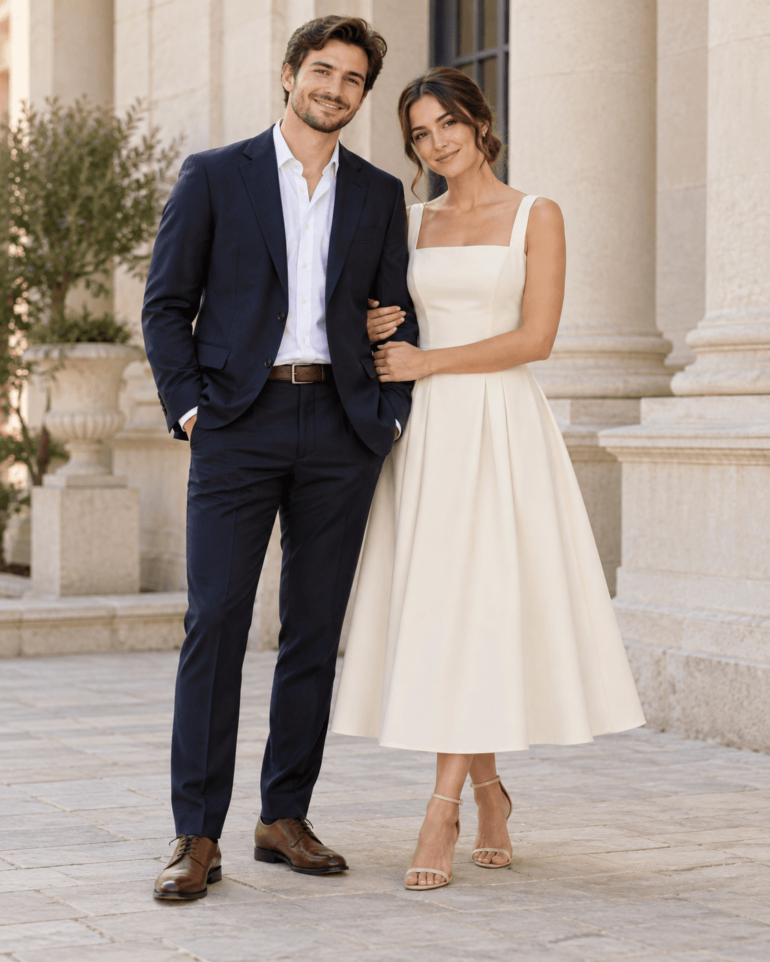 AI-generated fictional adult couple at a generic pale stone building, one in a structured ivory midi dress, partner in navy separates, full-length.