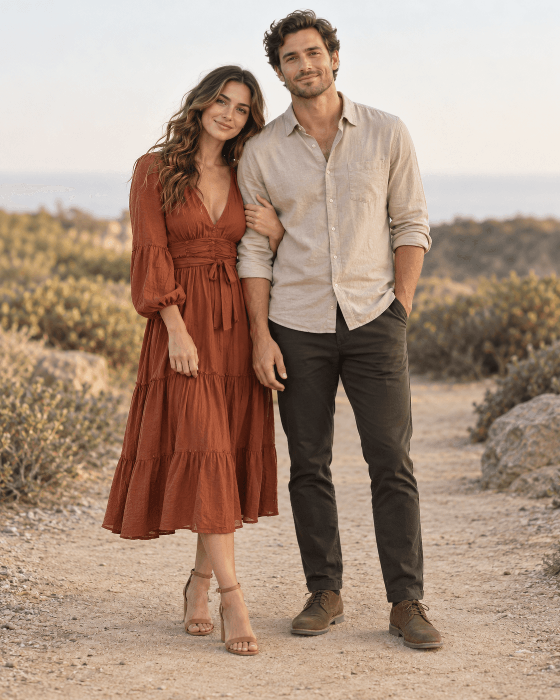 AI-generated fictional adult couple on a neutral sandy path, one in a rust-colored midi dress, partner in beige shirt and dark trousers, full-length.