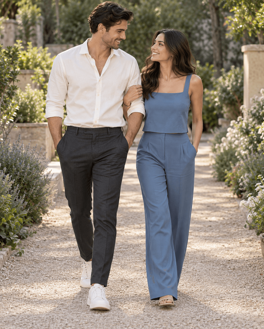 AI-generated two fictional adults together, one in an open-collar ivory shirt and charcoal trousers, partner in muted blue separates, generic garden path.