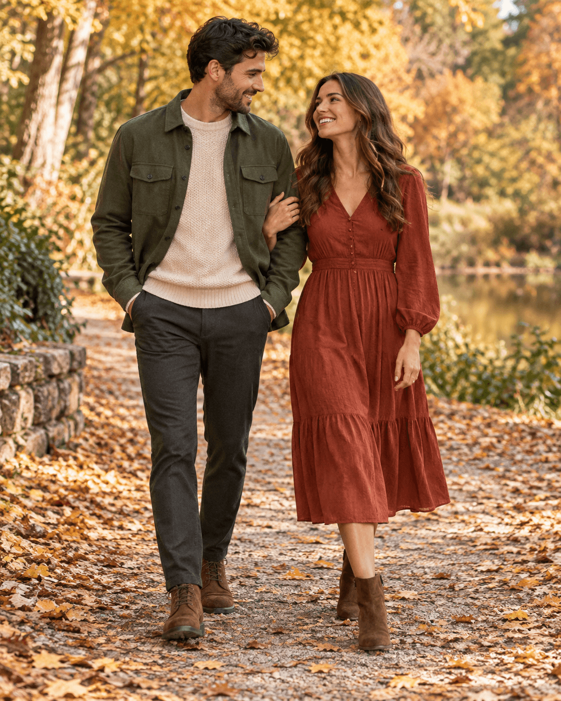 AI-generated two fictional adults in a fall-inspired park, one in olive overshirt, cream knit and dark trousers, partner in a rust midi dress.