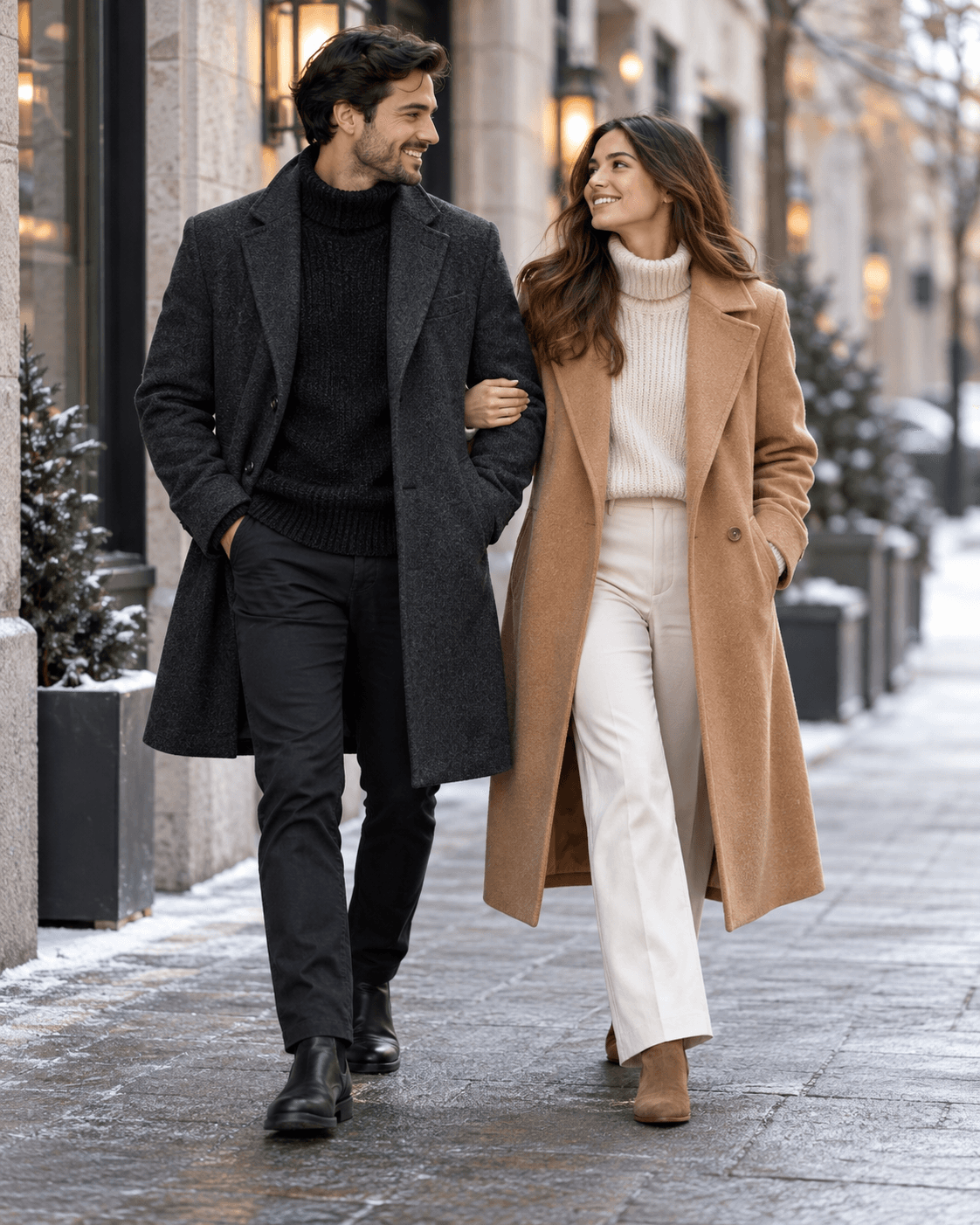 AI-generated two fictional adults on a generic winter city street, one in charcoal coat and dark knit, partner in camel coat, no snowstorm.
