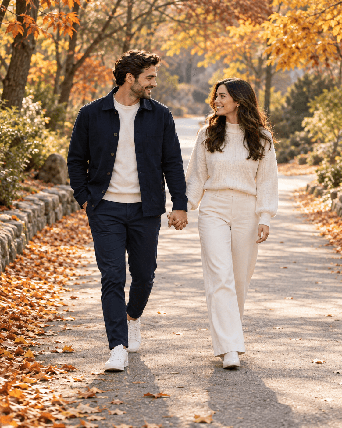 AI-generated two fictional adults walking on a wide park path edged with amber fallen leaves, simple cream and navy clothes, medium-wide crop.