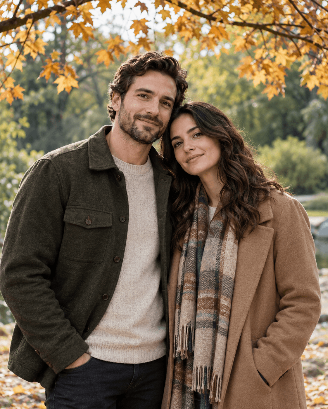 AI-generated two fictional adults standing beneath a sparse amber tree canopy in a fictional park, muted green background, three-quarter portrait.
