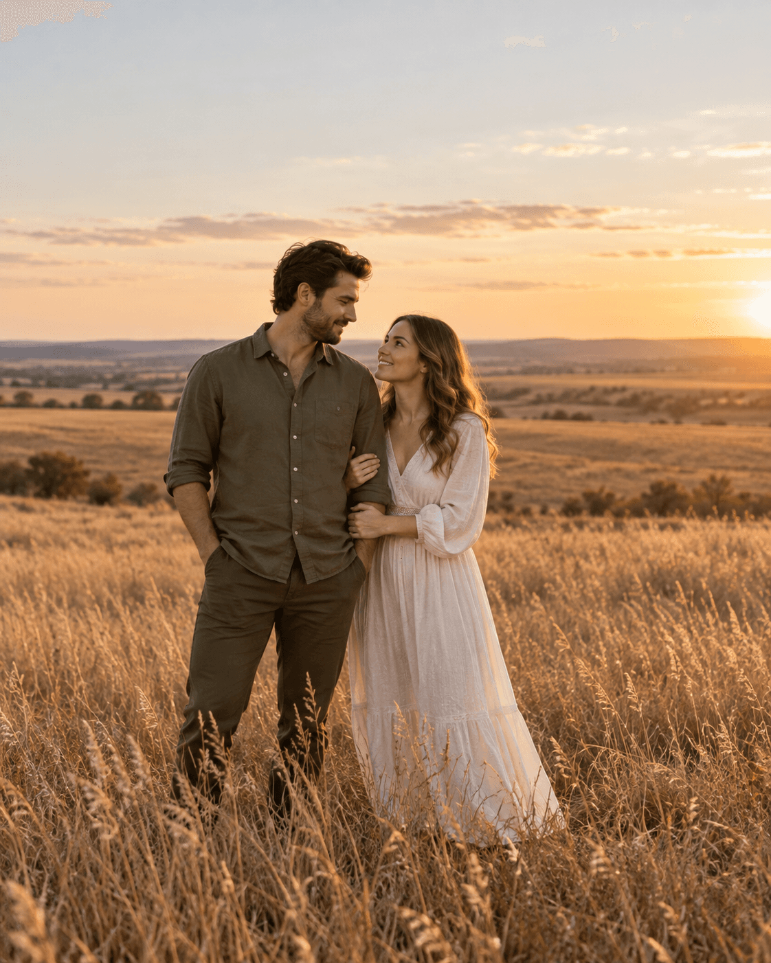 AI-generated two fictional adults in a generic open field of dry grasses, warm low light, olive and ivory wardrobe, wide portrait, no farm machinery.