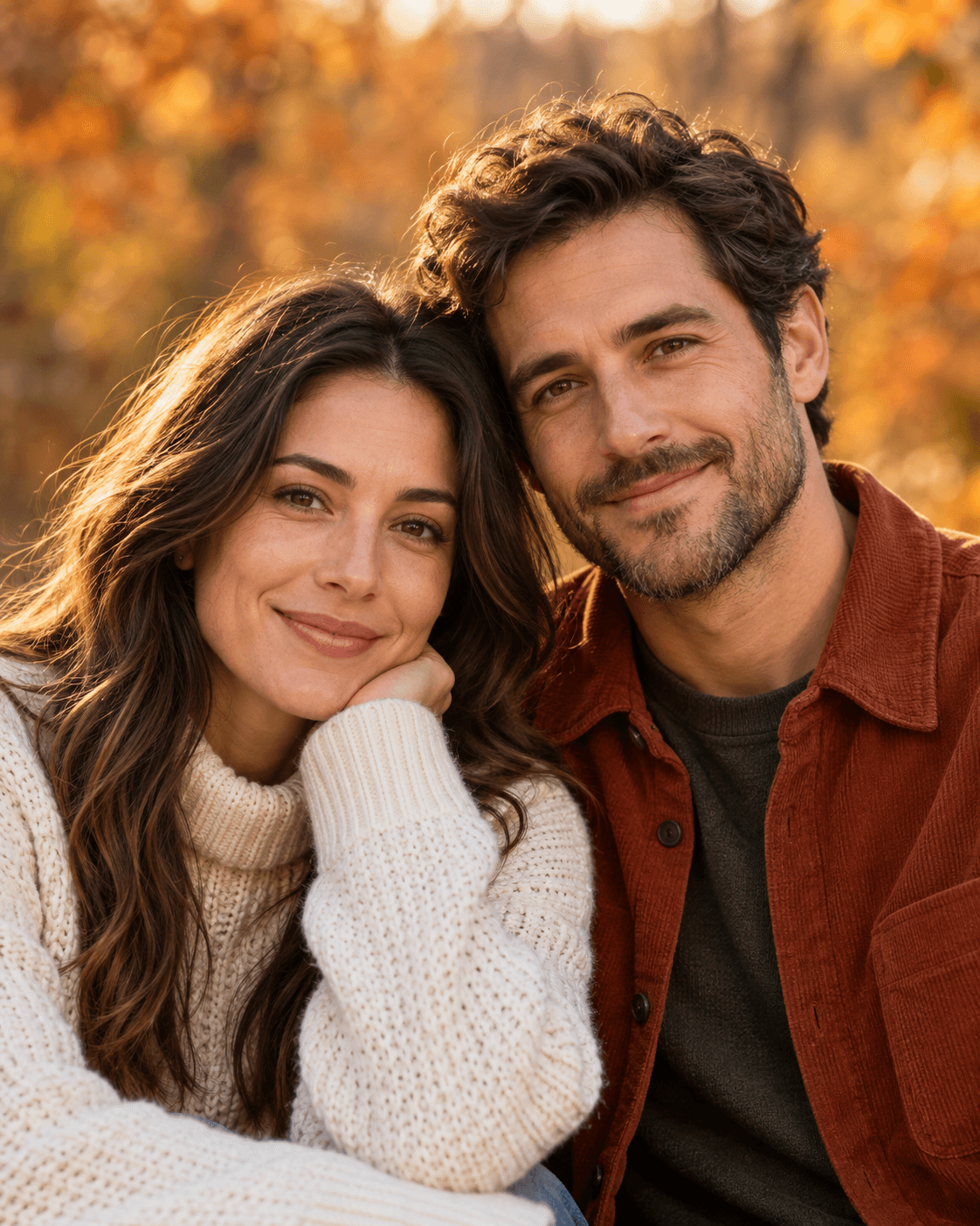AI-generated close portrait of two fictional adults in cream knit and rust overshirt, softly blurred amber foliage, both faces fully visible.