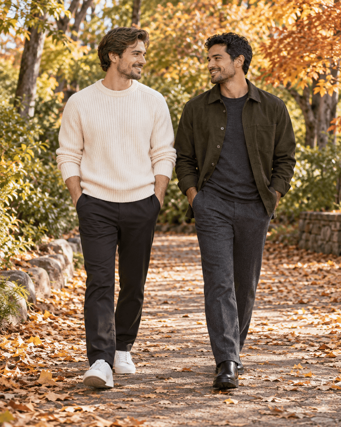 AI-generated two fictional adults in a fall-inspired park, one in cream knit and dark trousers, one in olive overshirt with charcoal separates, full-length.