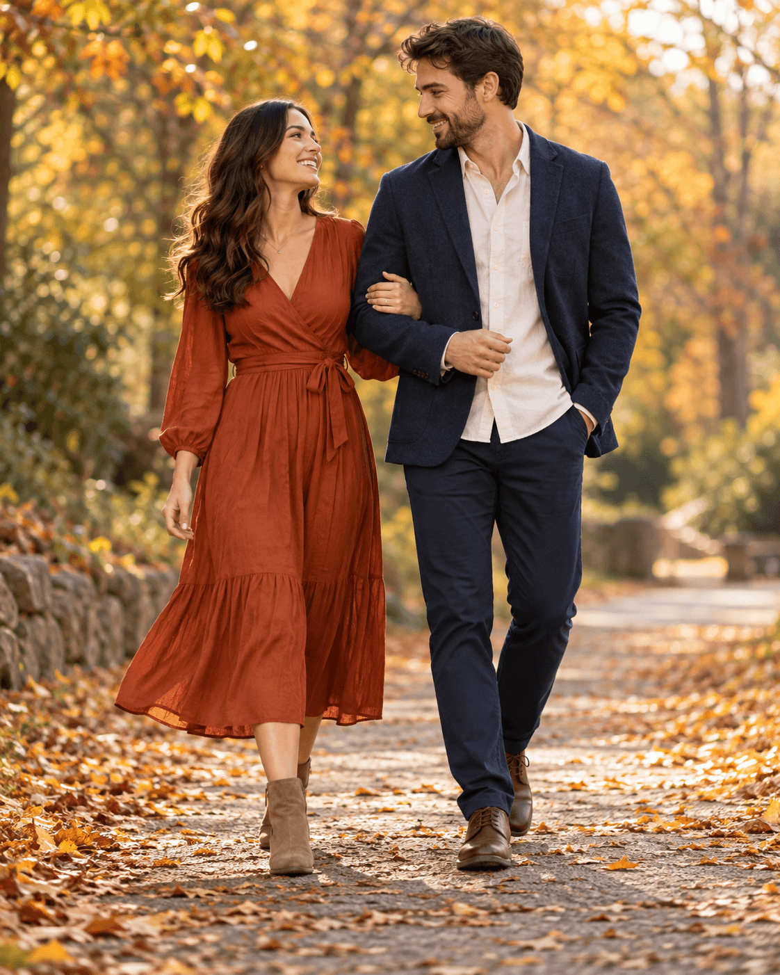 AI-generated two fictional adults on a simple amber-leaf path, one in rust midi dress and one in navy jacket and ivory shirt, full-length.