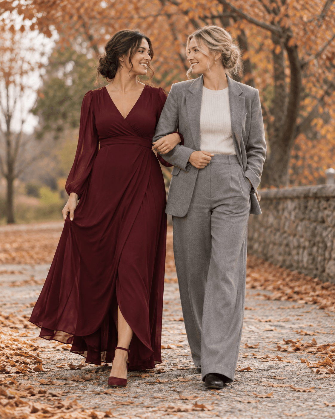 AI-generated two fictional adults near sparse autumn trees, one in burgundy long dress and one in soft gray unstructured jacket, medium-wide portrait.