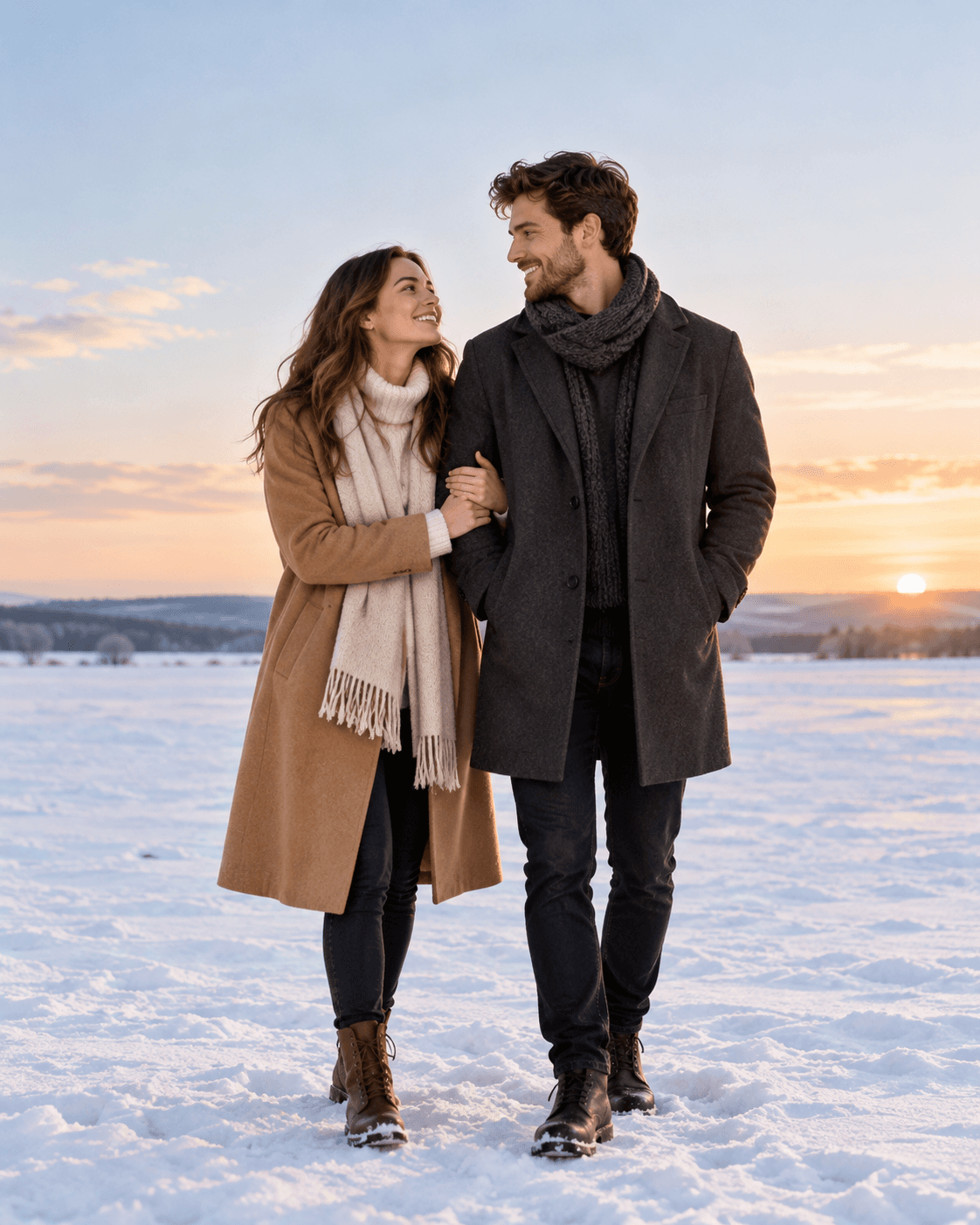 AI-generated two fictional adults standing on level snow-covered ground in a generic open landscape, charcoal and camel coats, clear horizon, no active blizzard.