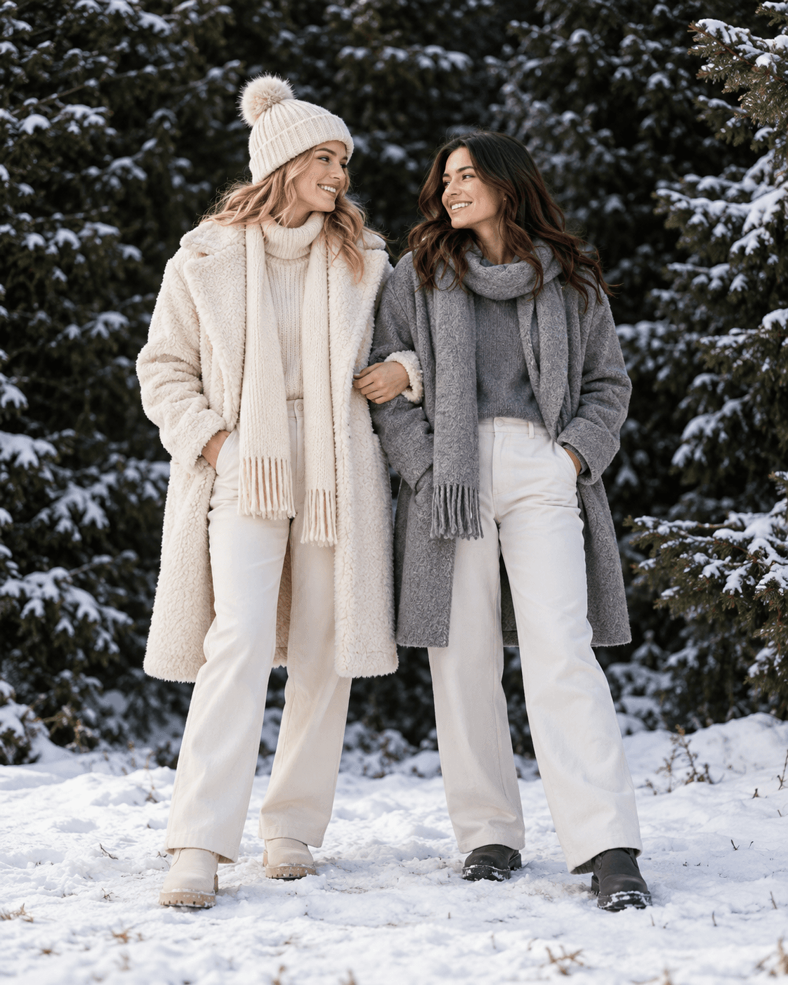 AI-generated two fictional adults beside a generic evergreen grove with light snow on level ground, ivory and muted gray outerwear, medium-wide composition.