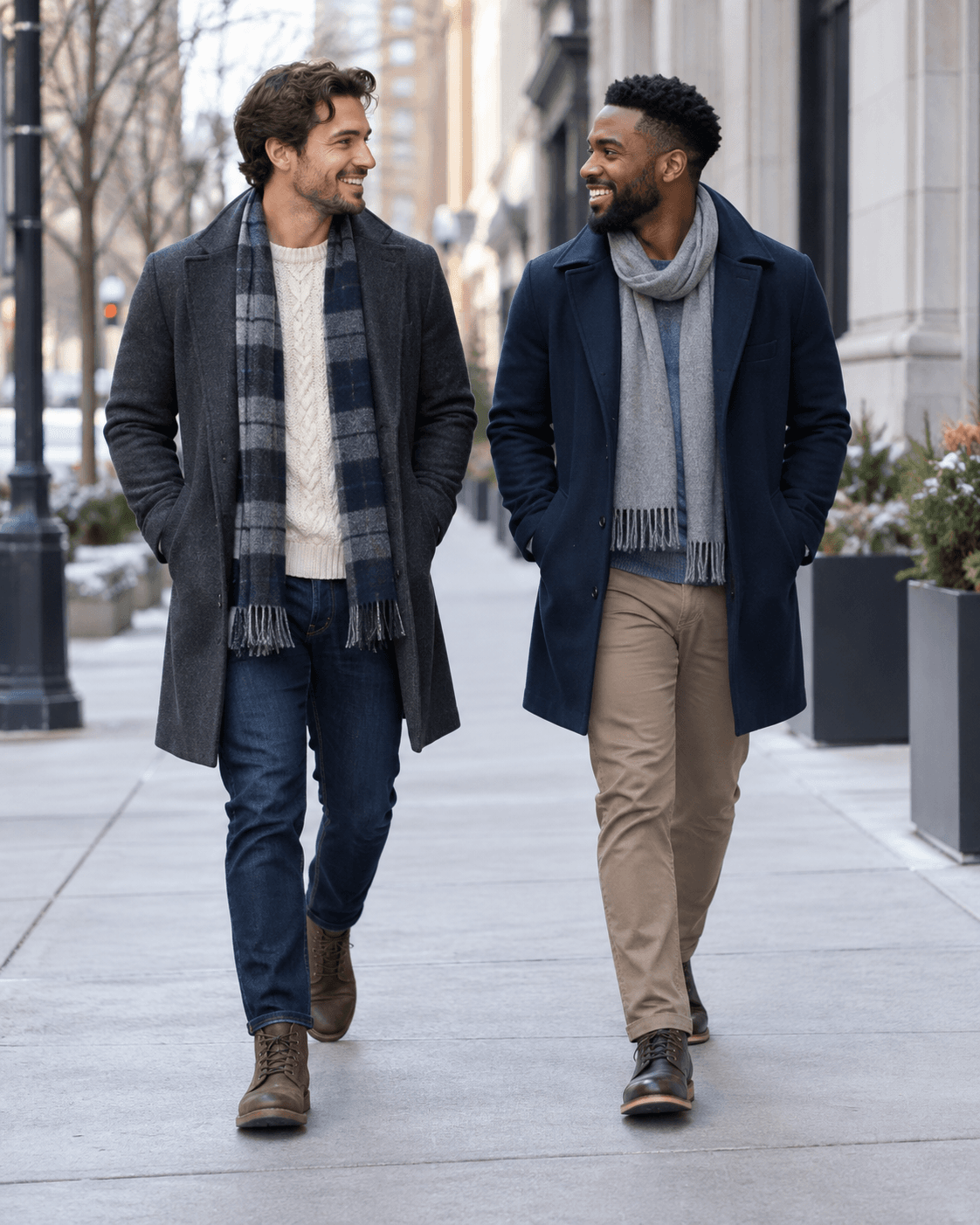 AI-generated two fictional adults walking on a broad clear generic city sidewalk, winter coats, cool neutral light, no hazardous ice or visible addresses.