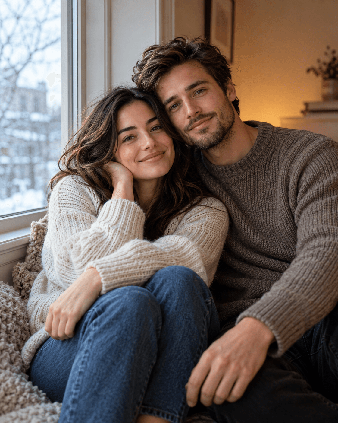 AI-generated two fictional adults sitting close by a window in a simple fictional room, soft knitwear, wintery cool daylight outside, warm neutral interior.