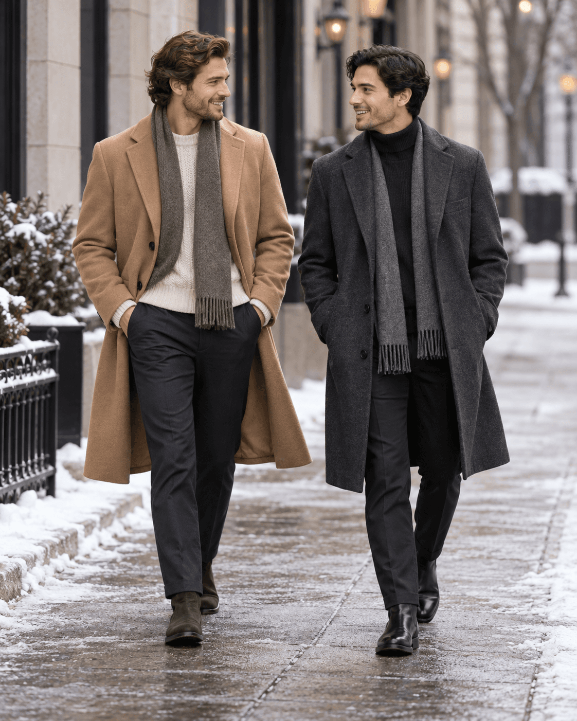 AI-generated two fictional adults in camel and charcoal long coats, simple generic winter street, full-length, dark shoes visible.