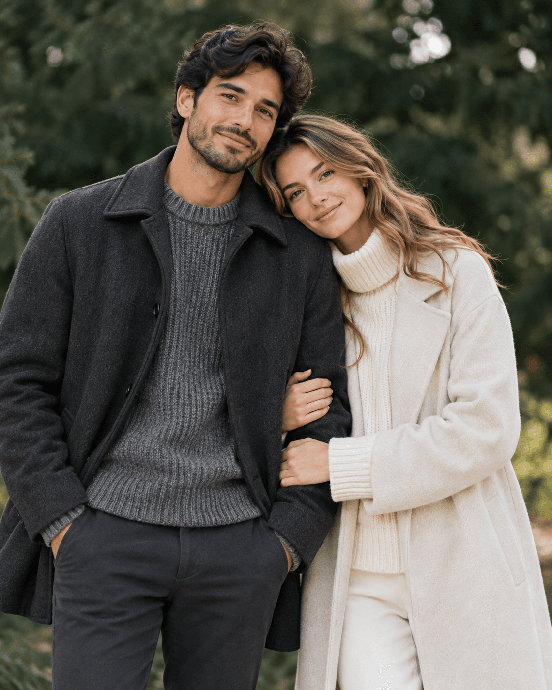 AI-generated two fictional adults in ivory knit with light coat and slate gray outerwear, dark evergreen bokeh, medium portrait.