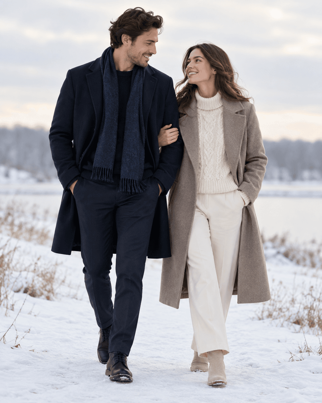 AI-generated two fictional adults in a deep navy overcoat and cream knit under a taupe coat, generic pale winter landscape, full-length framing.