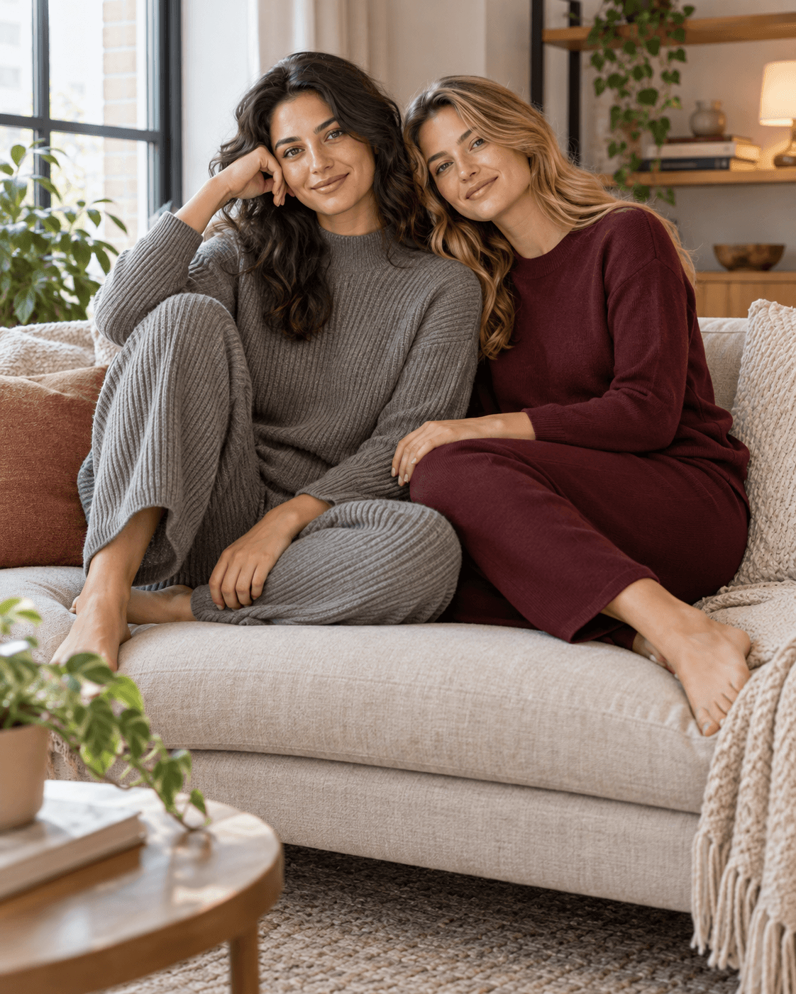 AI-generated two fictional adults seated on a simple sofa, one in muted gray ribbed knit and one in smooth burgundy knit, fictional apartment, window light.