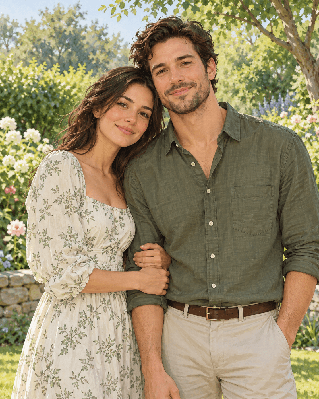 AI-generated editorial illustration of a fictional adult couple posing for an unseen photographer in a generic garden; clearly labeled AI-generated illustration, not real photography evidence.