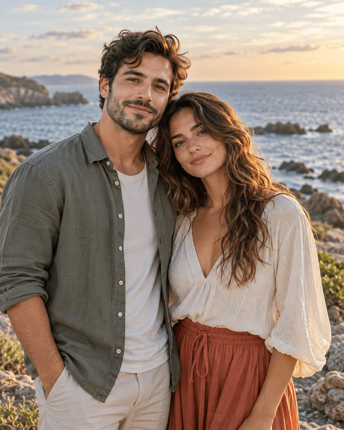 AI-generated concept of two fictional adults in a generic coastal portrait, no documentary framing or false camera behind-the-scenes.