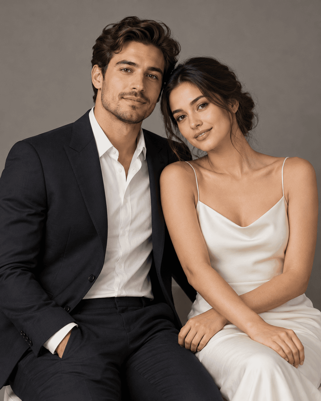 AI-generated studio portrait of two fictional adults in simple formal outfits against a warm gray backdrop.
