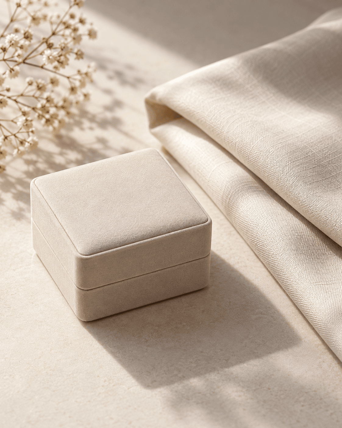 AI-generated editorial still life concept of a plain closed jewelry box and folded neutral fabric, no gemstone close-up or claimed product accuracy.