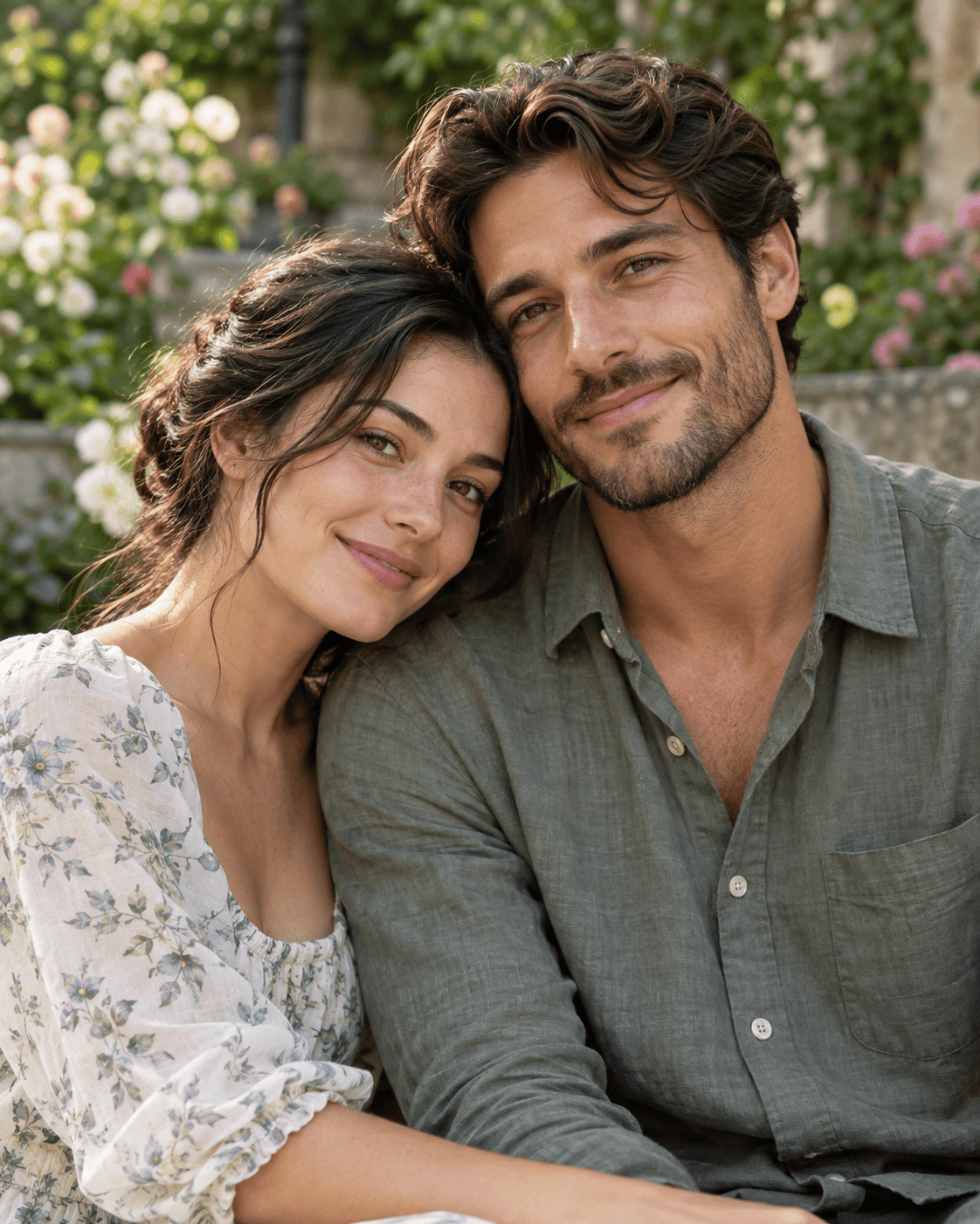 AI-generated close portrait of two fictional adults in a quiet garden, both faces visible, central safe area for square crop, no text.