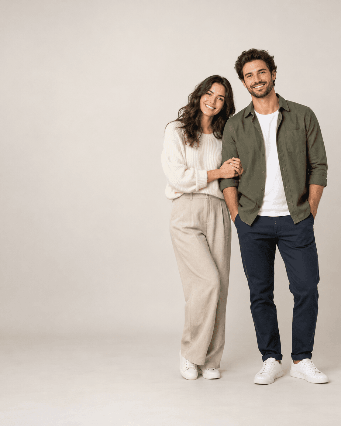 AI-generated wide portrait of two fictional adults at right of a plain studio background with clean empty area at left, no invitation text.