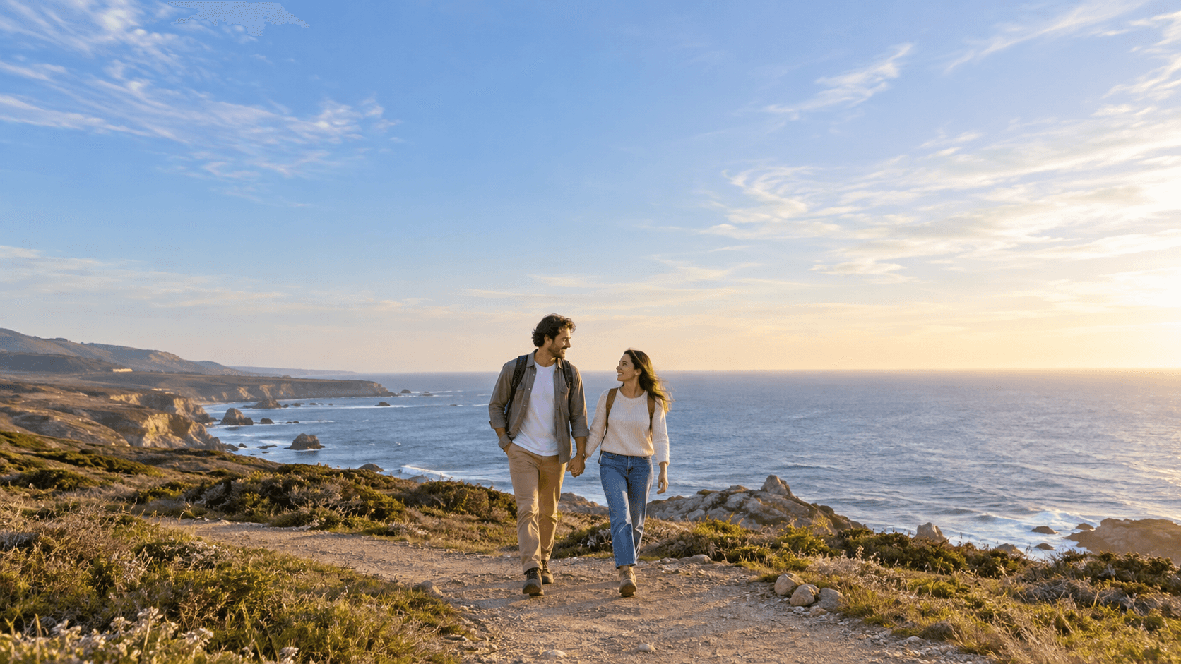 AI-generated landscape-format portrait of two fictional adults on a generic coastal path, centered lower third, ample sky and side space.