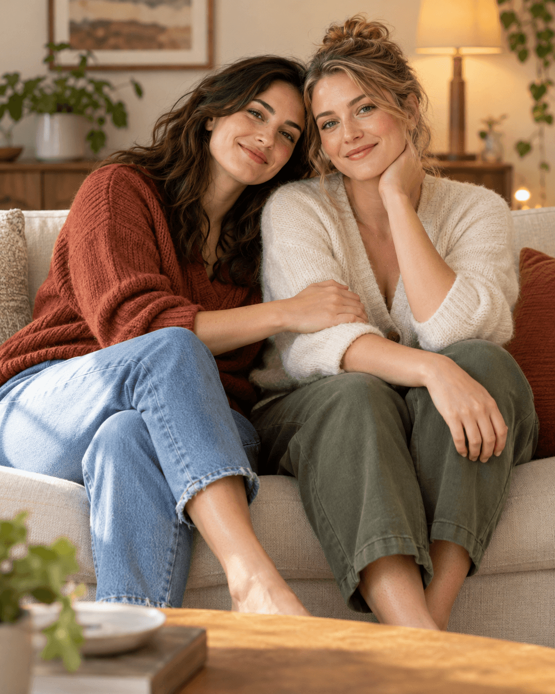 AI-generated seated portrait of two fictional adults on a simple sofa, warm neutral room, medium crop.