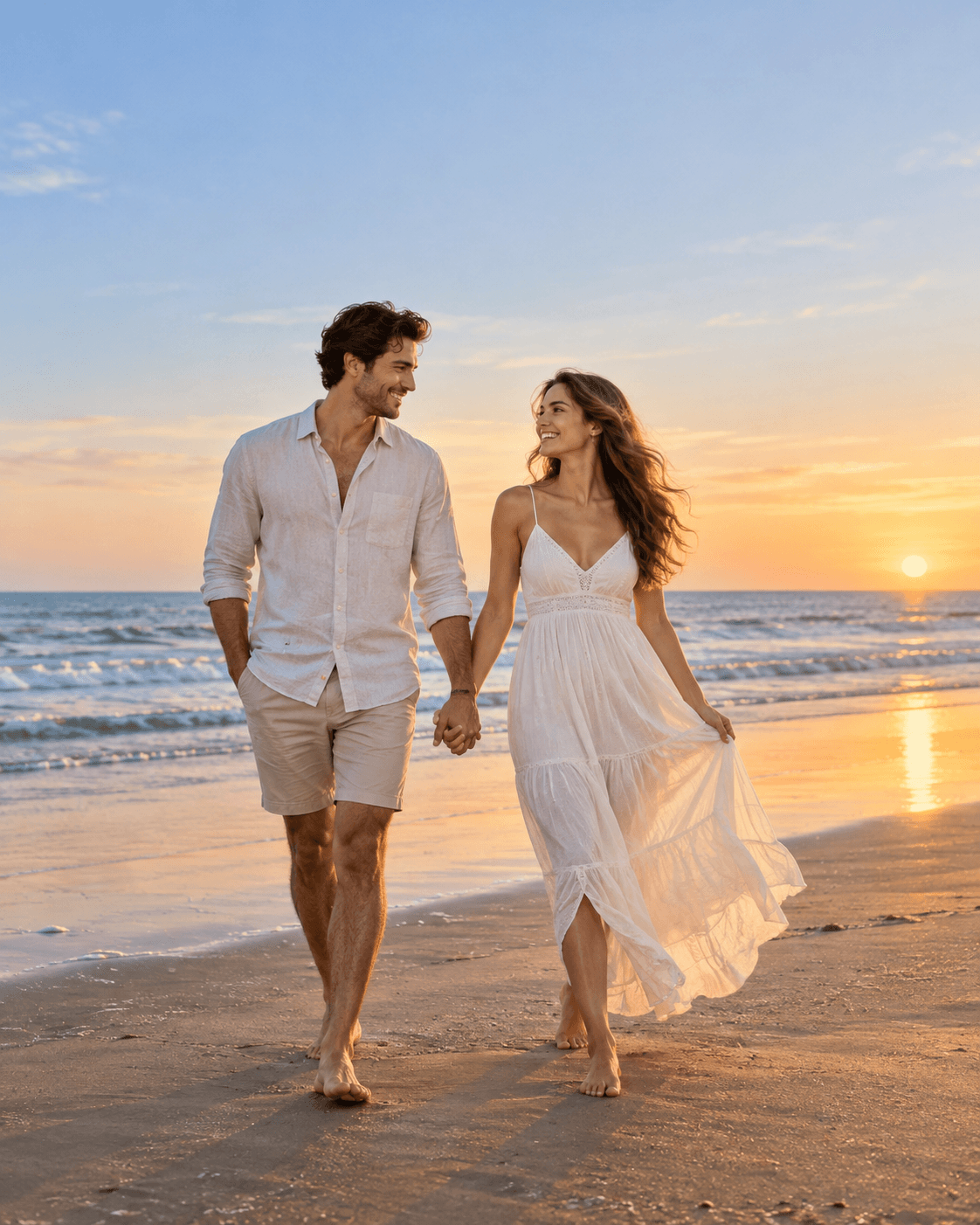 AI-generated concept of two fictional adults on a broad generic beach, uncluttered horizon, wide framing, no identifiable landmark.