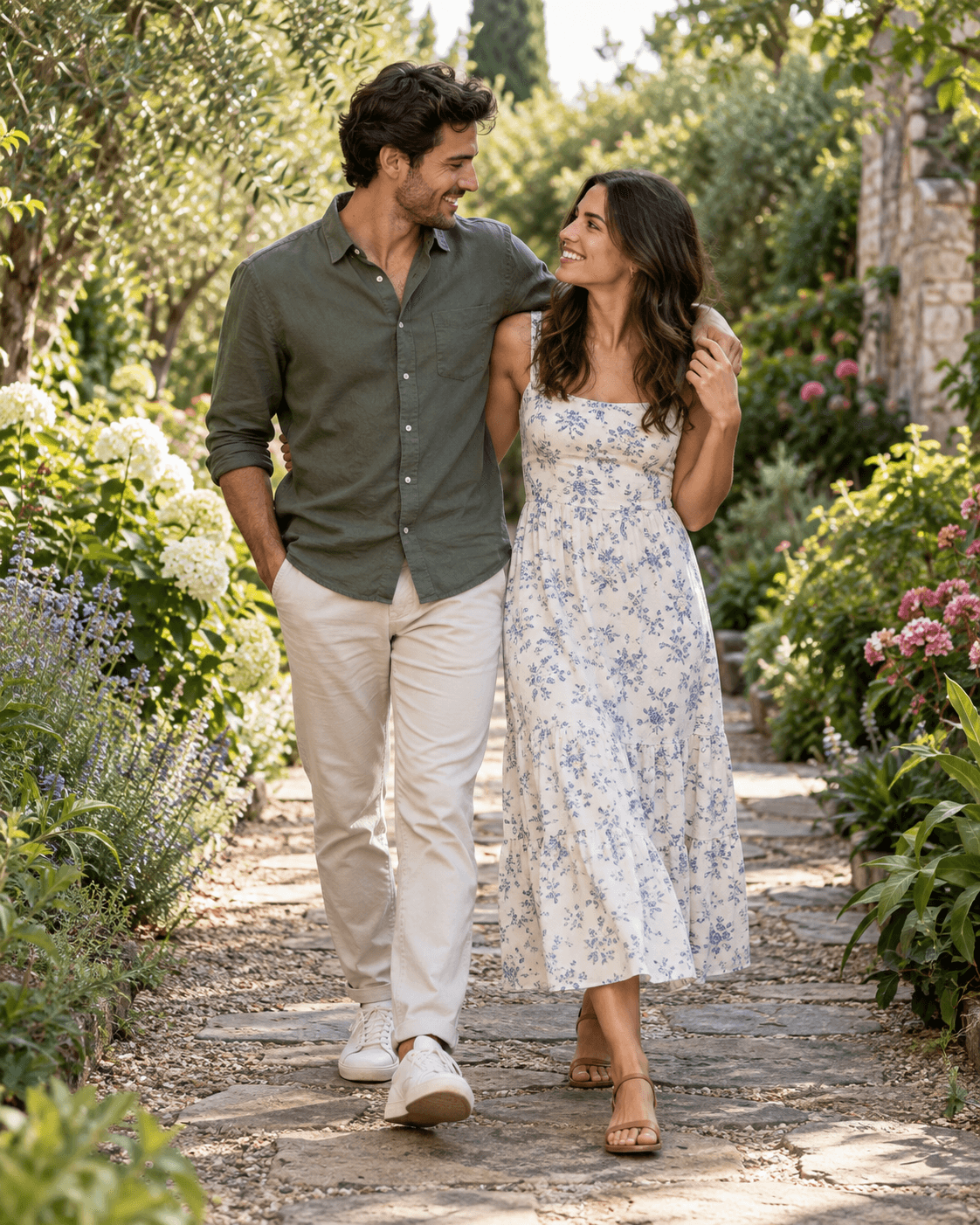 AI-generated concept of two fictional adults on a generic garden path with planting on both sides, full-length portrait.