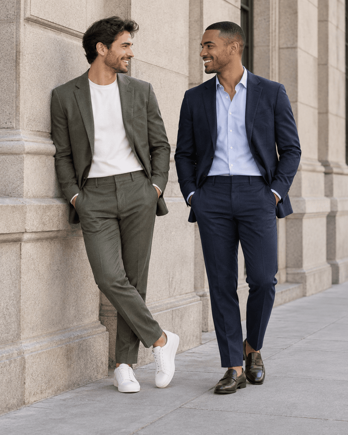 AI-generated concept of two fictional adults beside a generic stone city façade, full-length editorial crop, no logos or address.