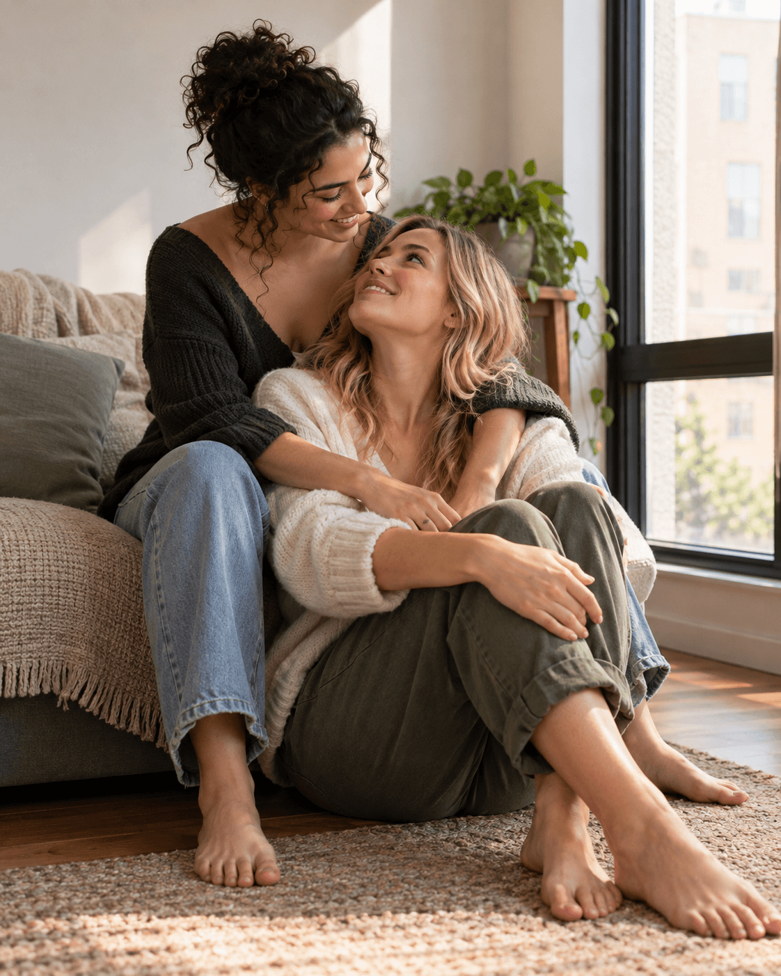 AI-generated concept of two fictional adults by a window in a fictional apartment, simple personal-looking setting without identifying possessions.