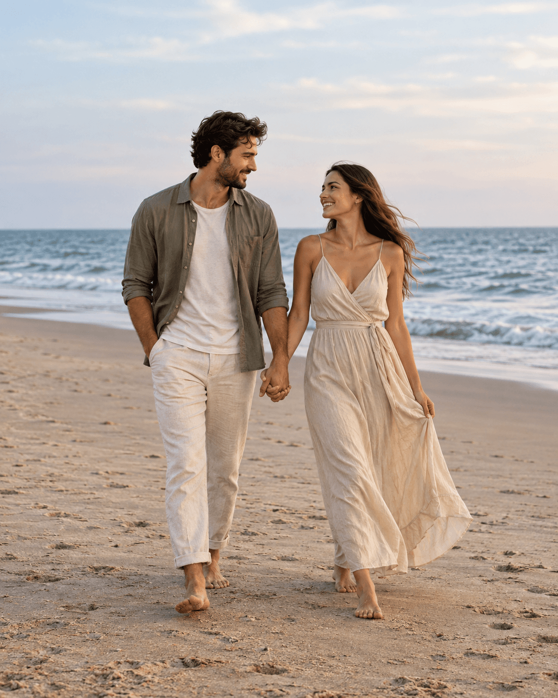 AI-generated portrait of two fictional adults on a generic broad shoreline, level horizon, muted wardrobe, wide composition.