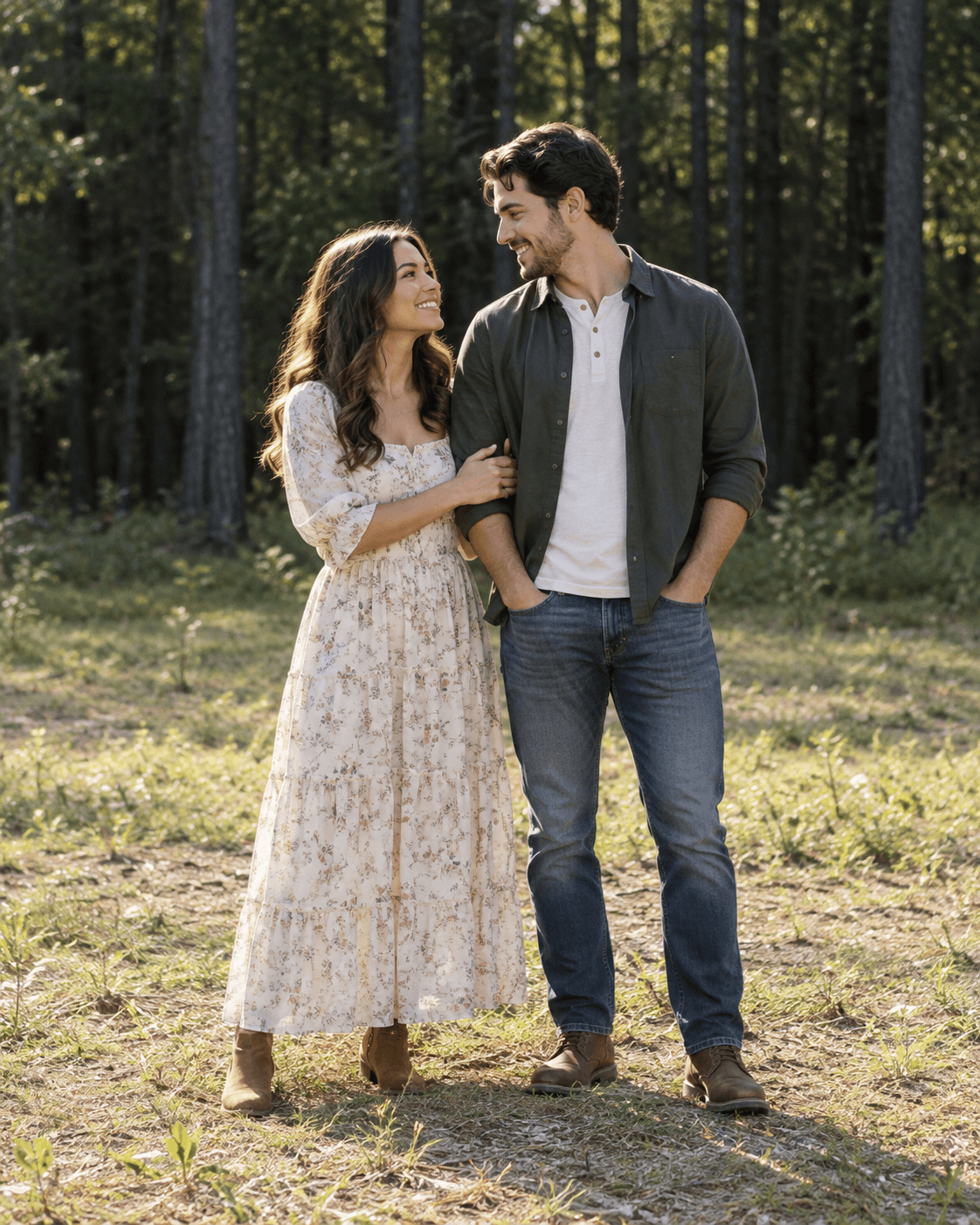 AI-generated portrait of two fictional adults at a generic forest edge, open level clearing, dark tree trunks behind, medium-wide framing.