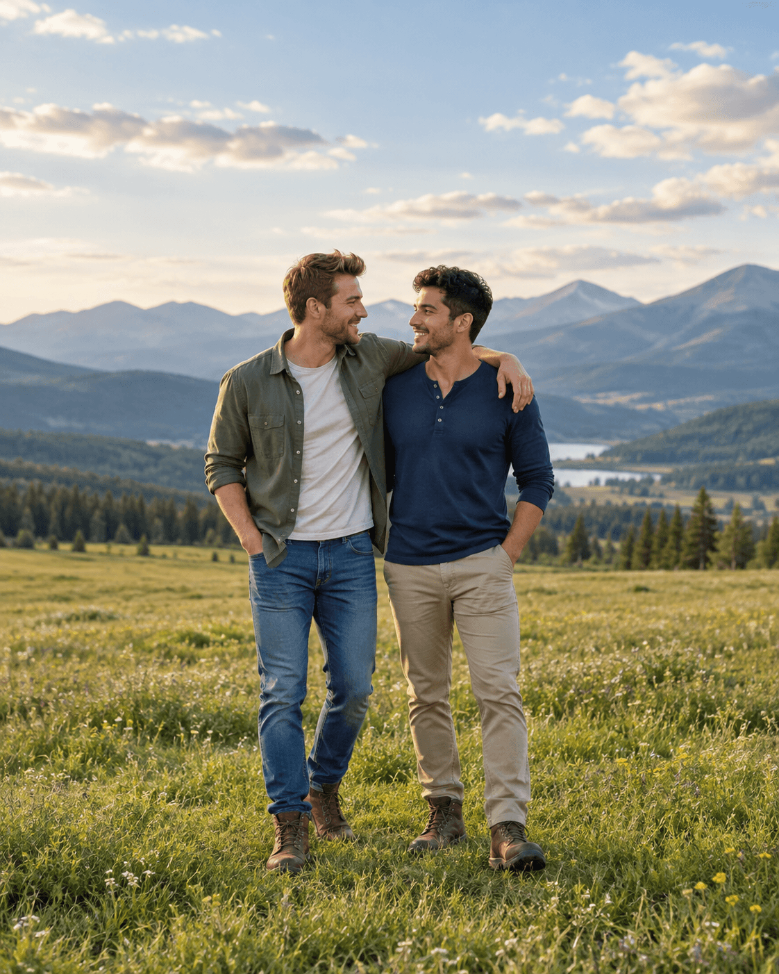 AI-generated portrait of two fictional adults standing on a broad level meadow with distant generic mountains, wide crop, no cliff edge.