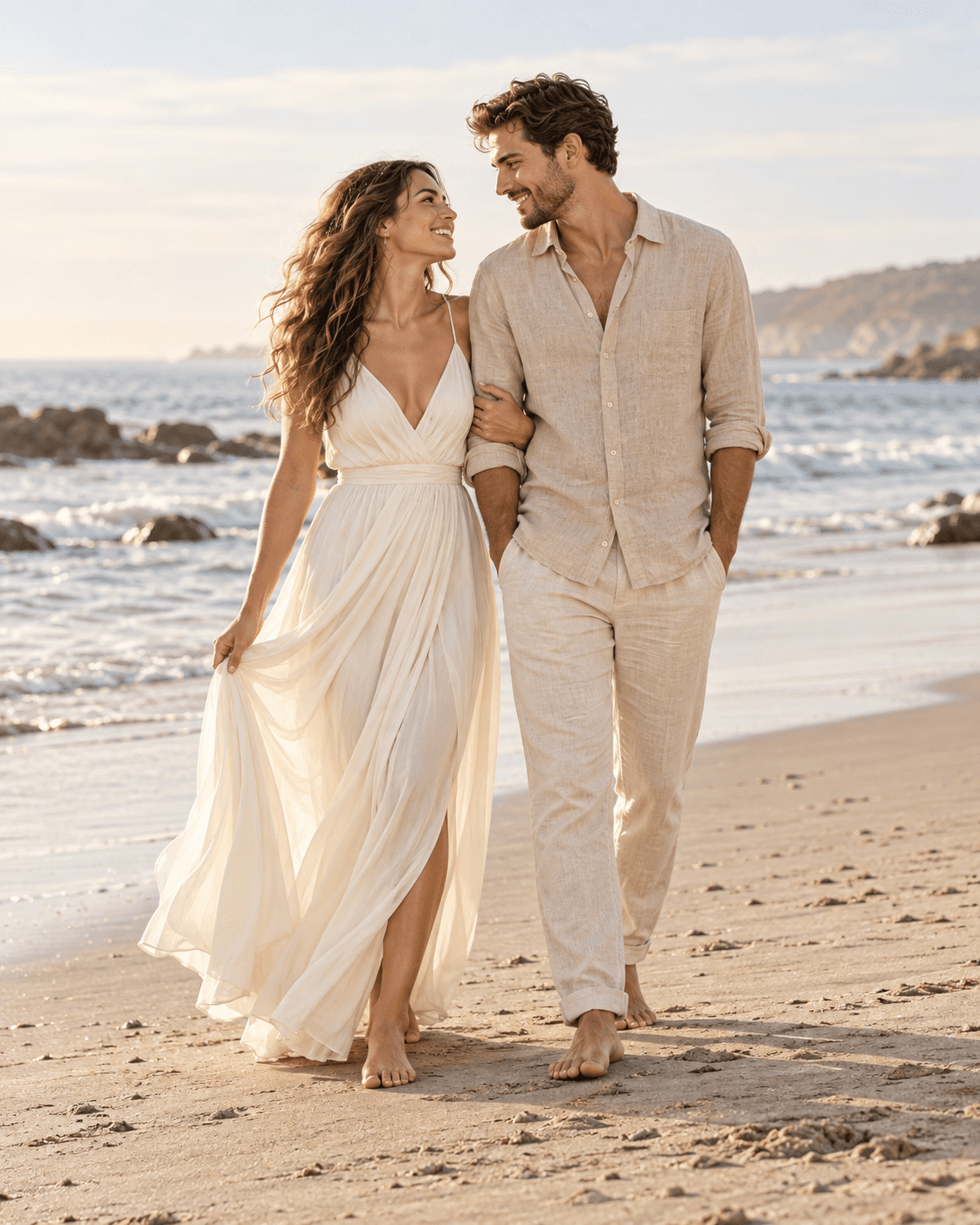 AI-generated fictional adult couple on a generic beach, ivory fluid dress and sand-colored linen-look separates, full-length, calm setting.