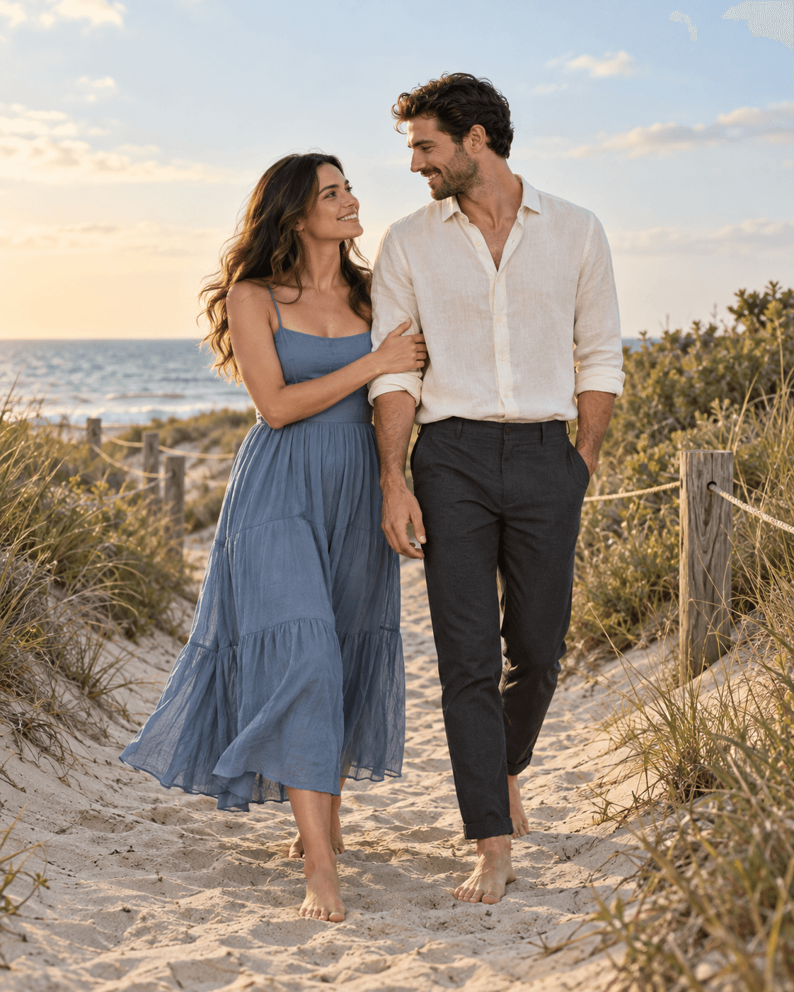 AI-generated fictional adult couple beside a generic dune path, muted blue midi dress and cream open-collar shirt with charcoal trousers.