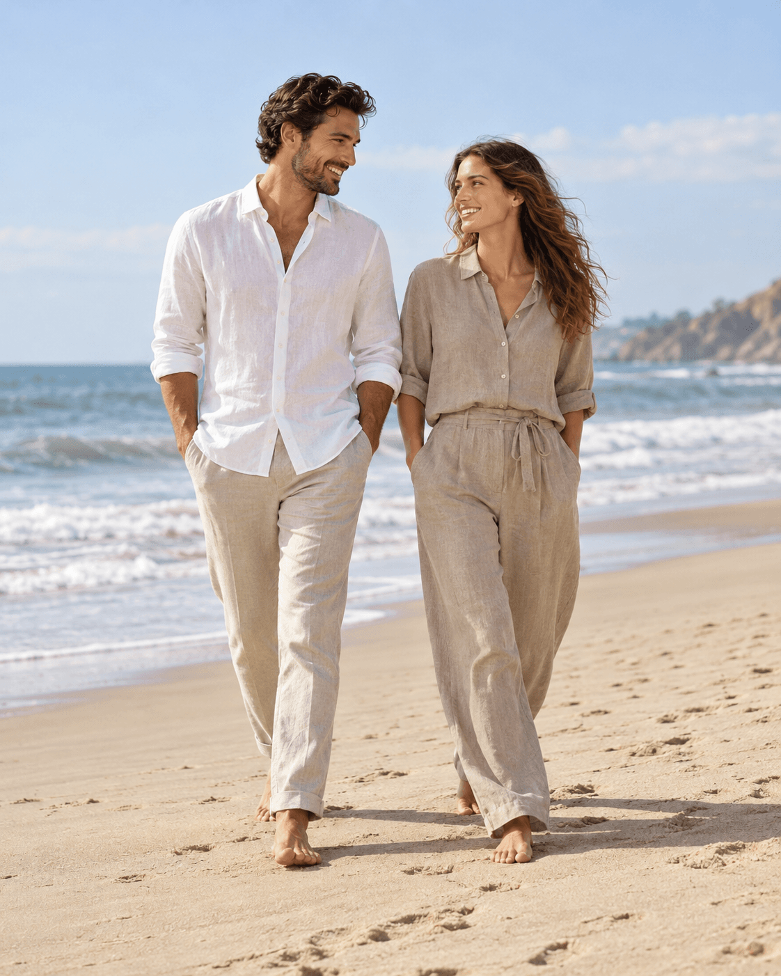 AI-generated fictional adult couple walking on a broad beach, soft white shirt with stone trousers and light taupe separates, no logos.
