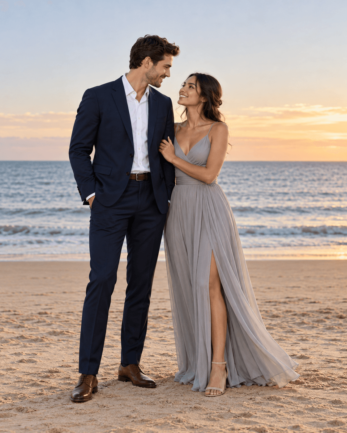 AI-generated fictional adult couple standing on level dry sand, navy suit and soft gray long dress, wide clean horizon, full-length.